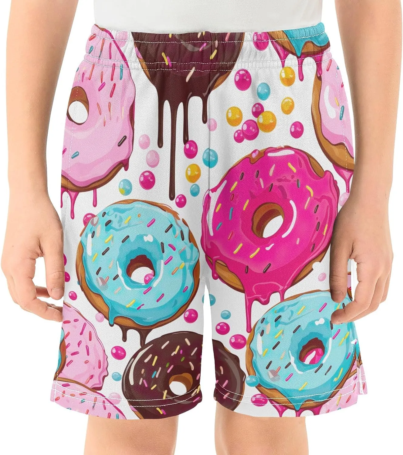 CHIFIGNO Colorful Donuts Candies White Youth Boys Casual Shorts with Pockets Soft Athletic Gym Shorts Streetwear 7-15Y