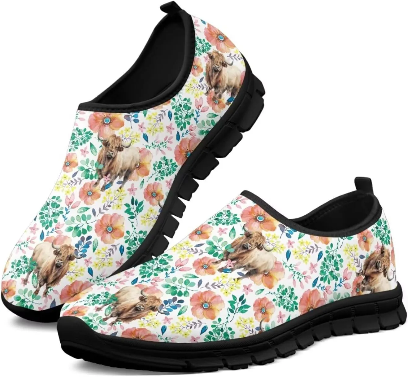 Cow Print Athletic Sneakers Low Cut Work Shoes for Women Casual Flats Heels Loafers Lightweight Tennis Mesh Shoe Loafer