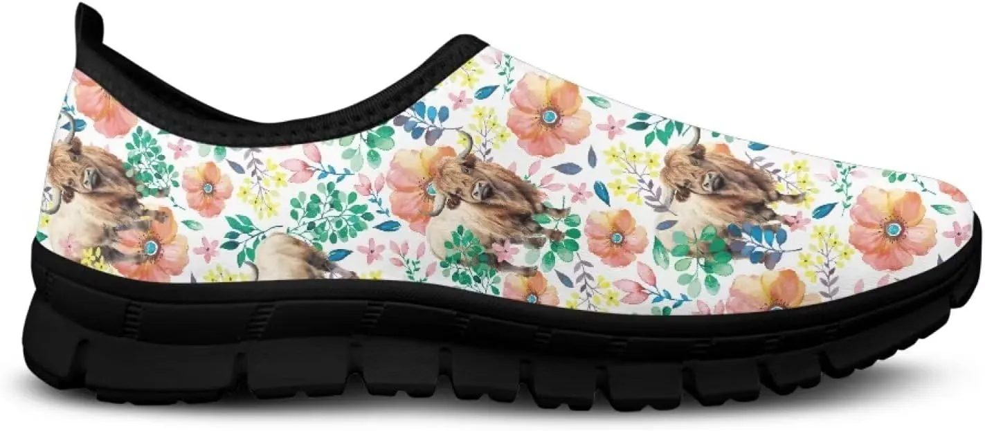 Cow Print Athletic Sneakers Low Cut Work Shoes for Women Casual Flats Heels Loafers Lightweight Tennis Mesh Shoe Loafer