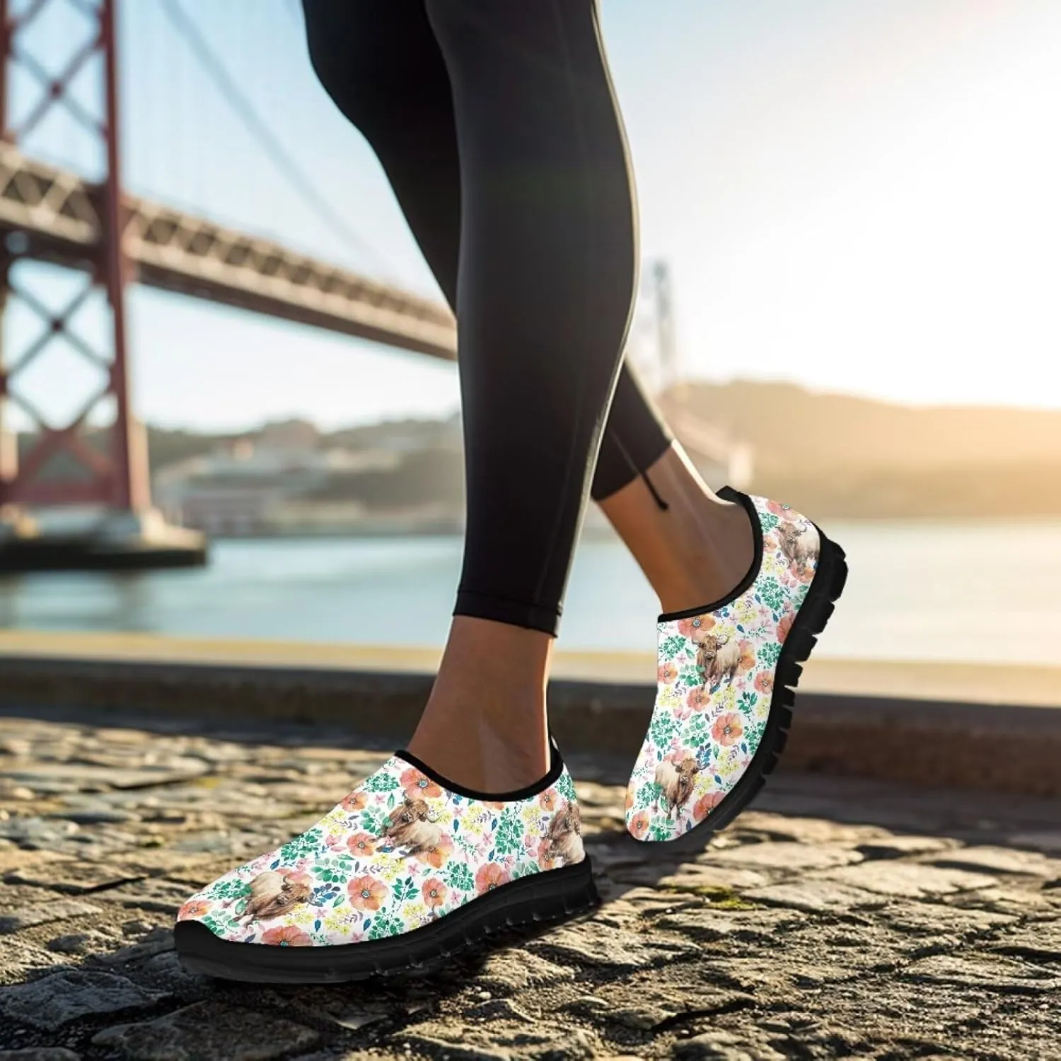 Cow Print Athletic Sneakers Low Cut Work Shoes for Women Casual Flats Heels Loafers Lightweight Tennis Mesh Shoe Loafer