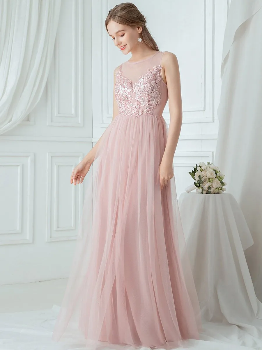 Elegant See Through Round Neck Tulle Applique Wholesale Bridesmaid Dress