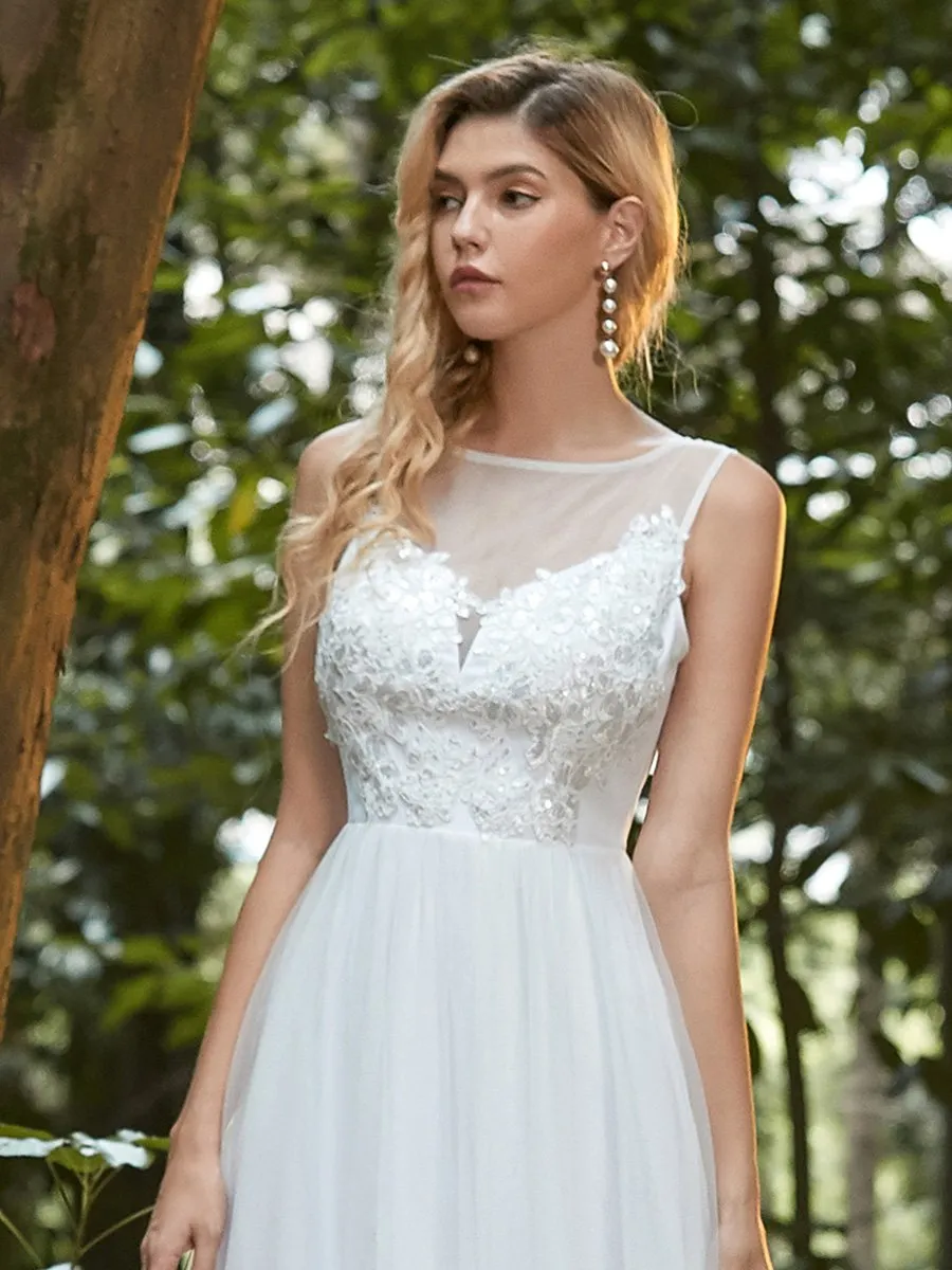 Elegant See Through Round Neck Tulle Applique Wholesale Bridesmaid Dress