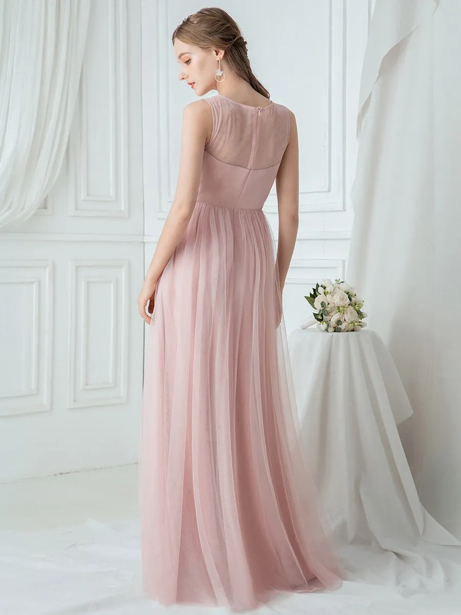 Elegant See Through Round Neck Tulle Applique Wholesale Bridesmaid Dress