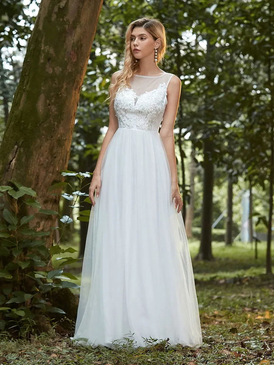 Elegant See Through Round Neck Tulle Applique Wholesale Bridesmaid Dress