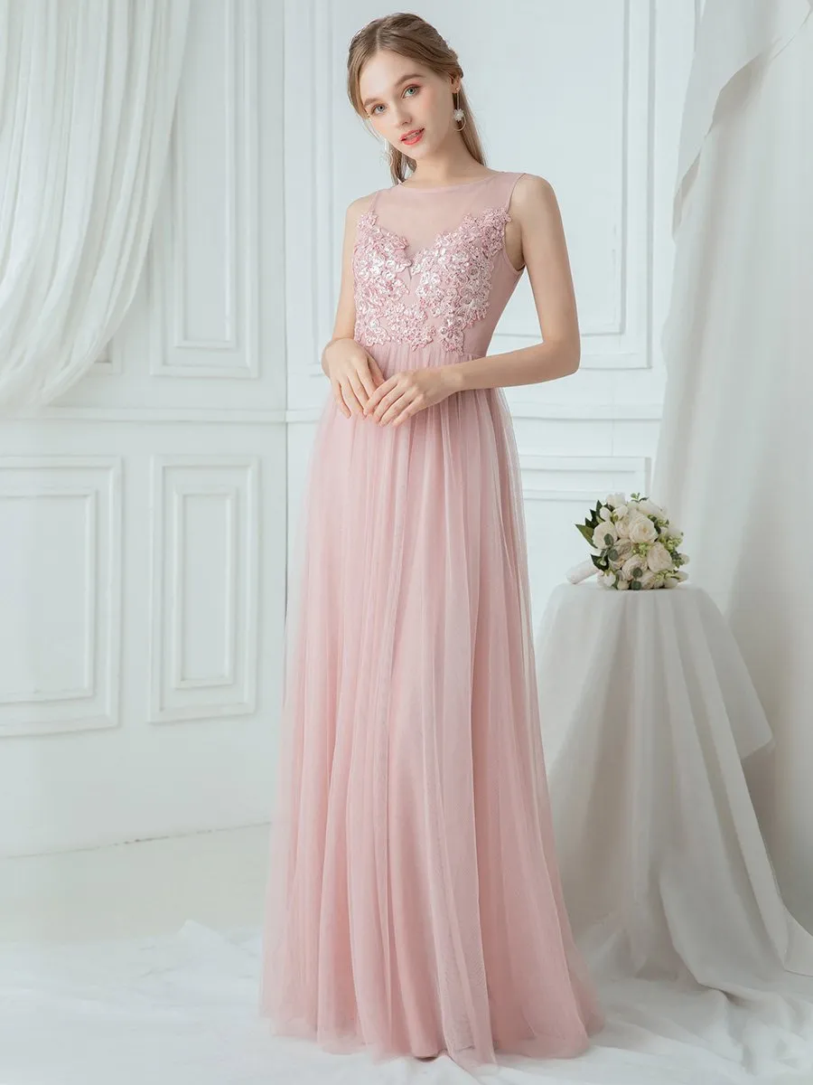 Elegant See Through Round Neck Tulle Applique Wholesale Bridesmaid Dress