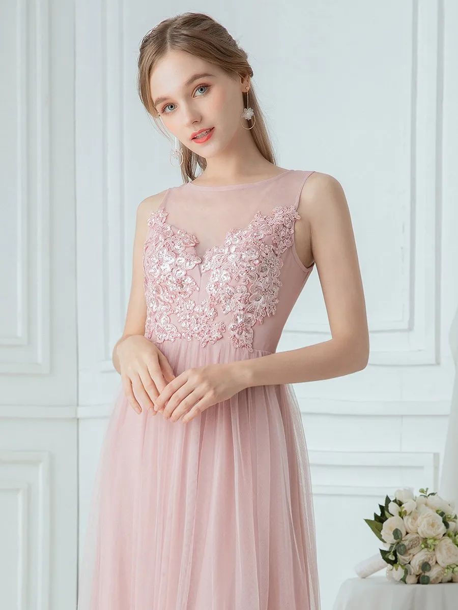 Elegant See Through Round Neck Tulle Applique Wholesale Bridesmaid Dress