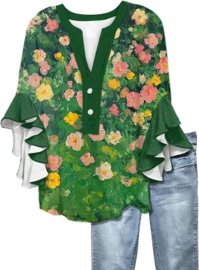 Floral Tops for Women Trendy Summer Plus Size Dressy 3/4 Ruffle Sleeve Top Cute V Neck Linen Button Down Shirts