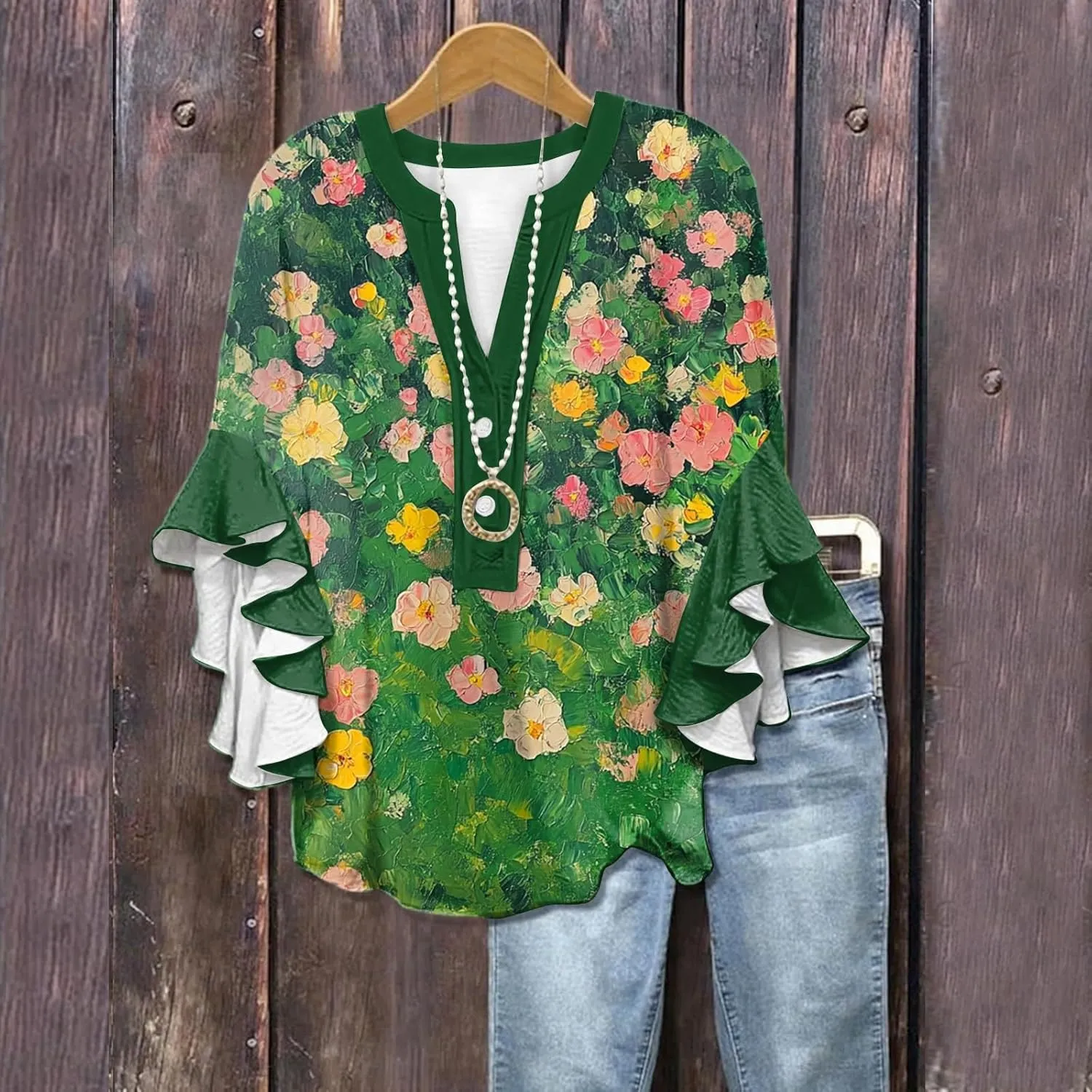 Floral Tops for Women Trendy Summer Plus Size Dressy 3/4 Ruffle Sleeve Top Cute V Neck Linen Button Down Shirts