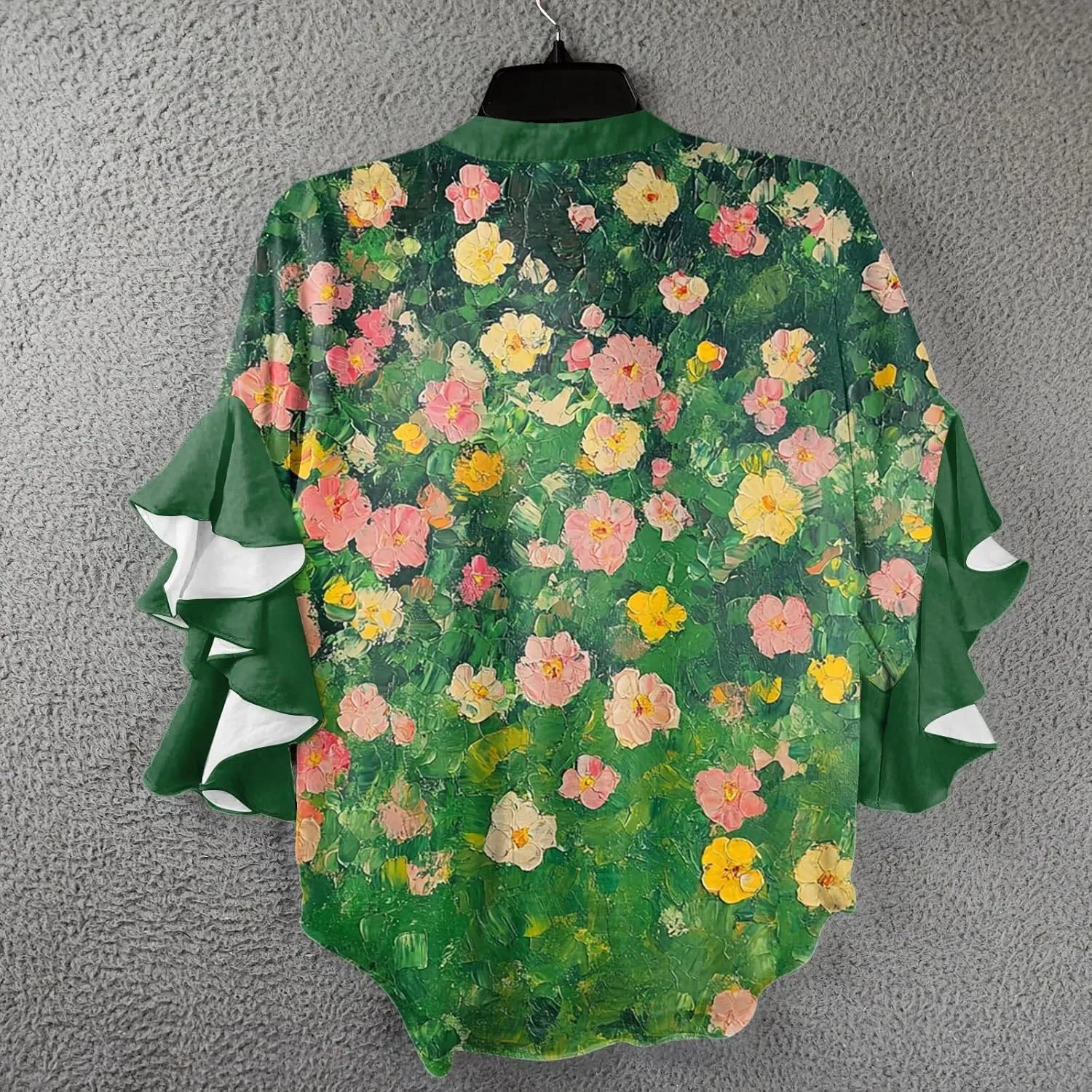 Floral Tops for Women Trendy Summer Plus Size Dressy 3/4 Ruffle Sleeve Top Cute V Neck Linen Button Down Shirts