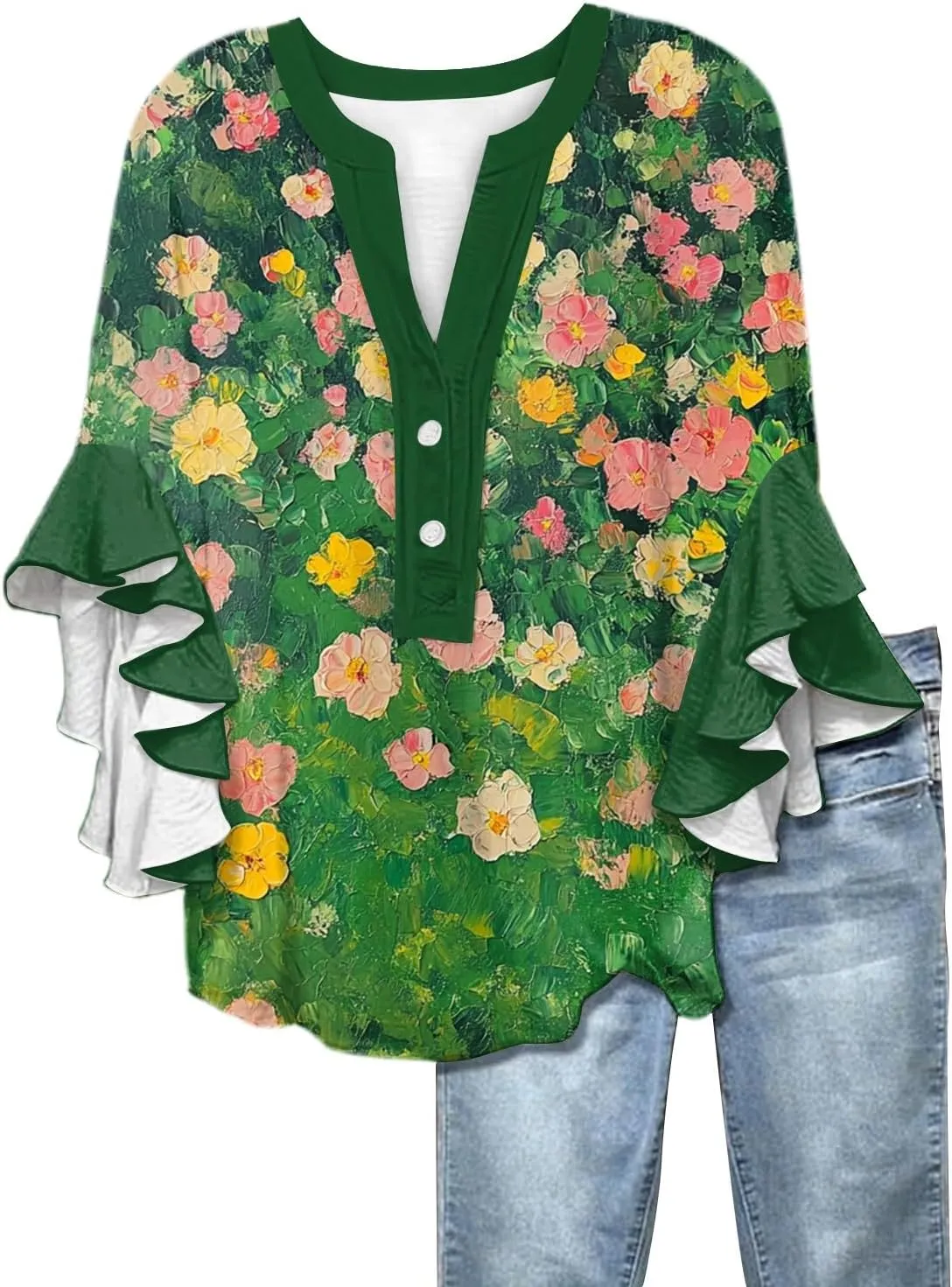 Floral Tops for Women Trendy Summer Plus Size Dressy 3/4 Ruffle Sleeve Top Cute V Neck Linen Button Down Shirts