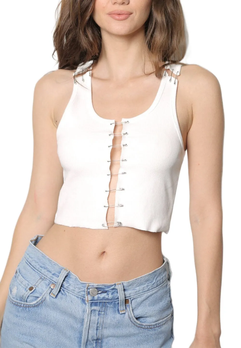 iamkoko - "Cutout Safety Pin Cropped Ribbed Tank Top" - Stylish
