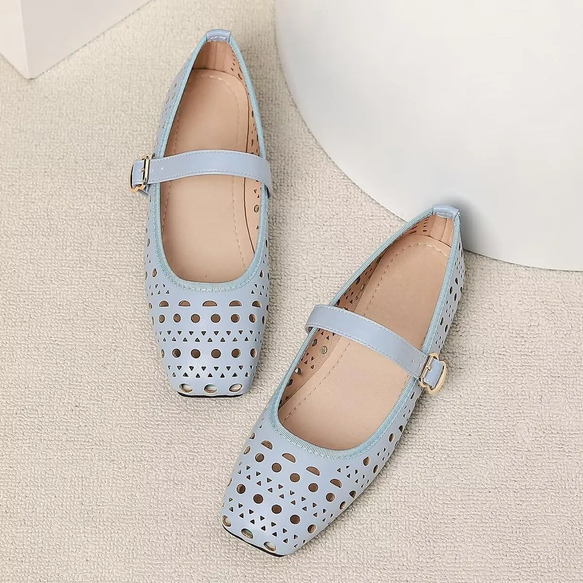 LUXINYU Women Summer Comfortable Low Heel Mary Jane Flats Fashion Breathable Dress Shoes Square Toe Buckle Strap Office Shoes Beach Shoes
