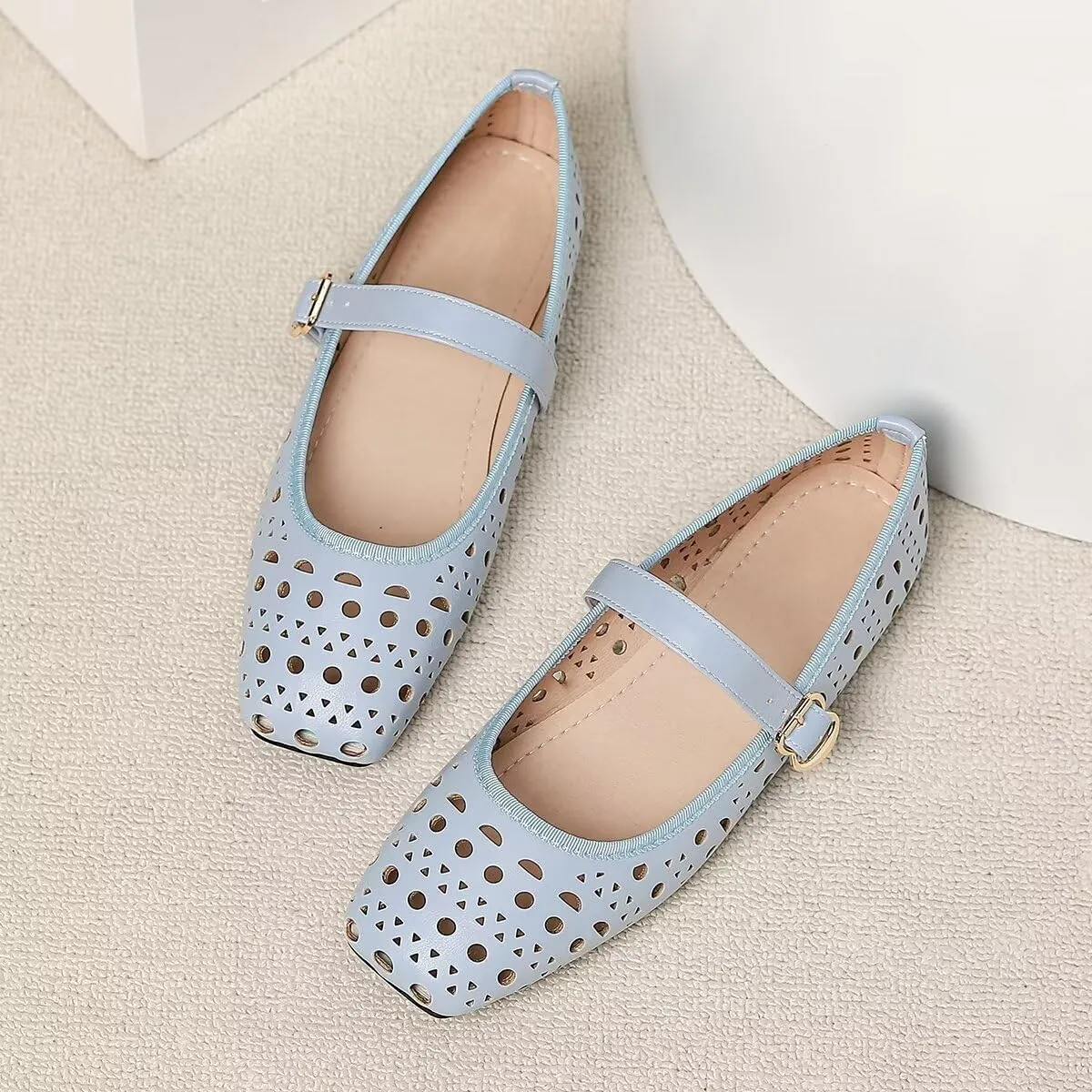 LUXINYU Women Summer Comfortable Low Heel Mary Jane Flats Fashion Breathable Dress Shoes Square Toe Buckle Strap Office Shoes Beach Shoes