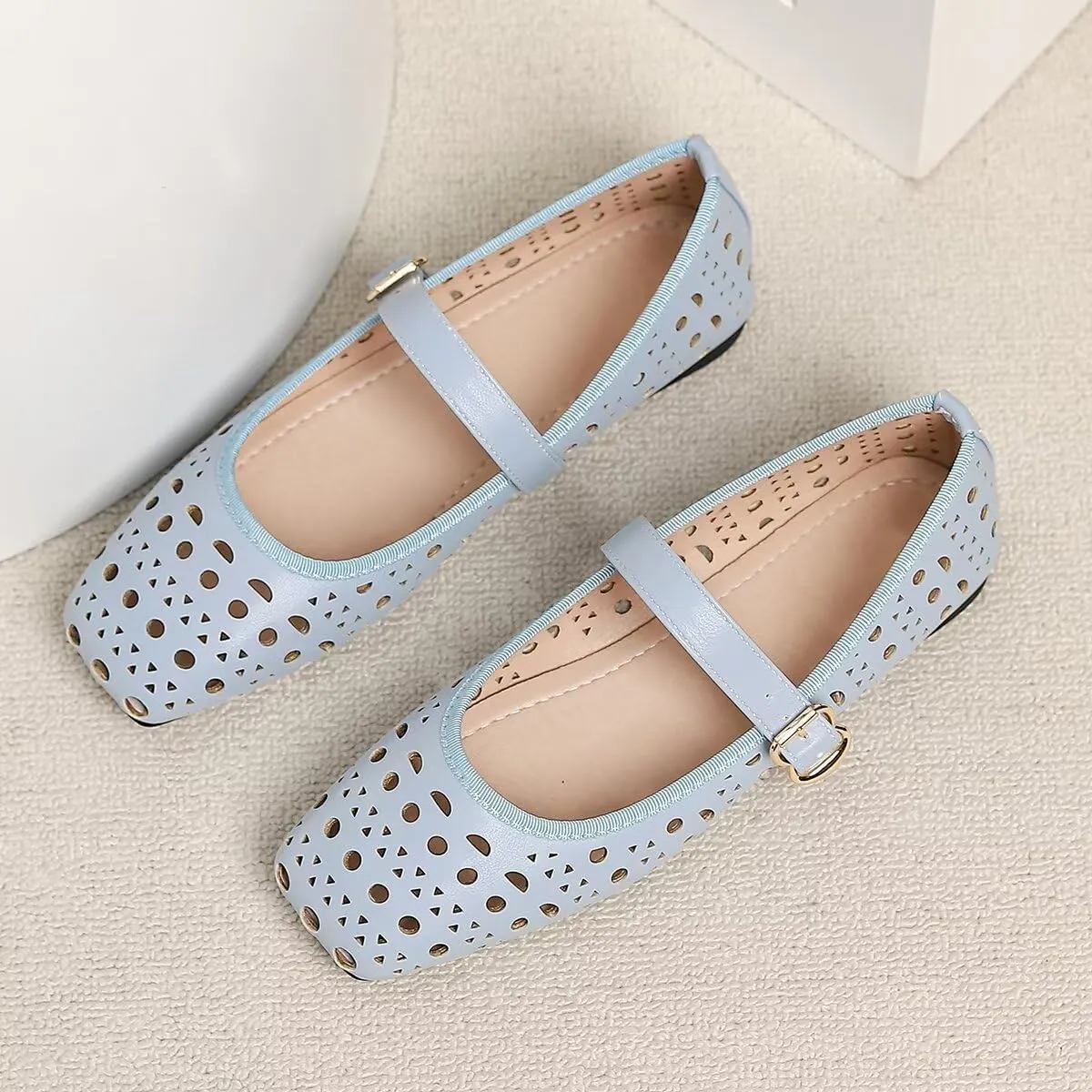 LUXINYU Women Summer Comfortable Low Heel Mary Jane Flats Fashion Breathable Dress Shoes Square Toe Buckle Strap Office Shoes Beach Shoes