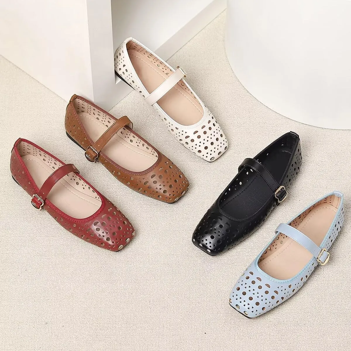 LUXINYU Women Summer Comfortable Low Heel Mary Jane Flats Fashion Breathable Dress Shoes Square Toe Buckle Strap Office Shoes Beach Shoes