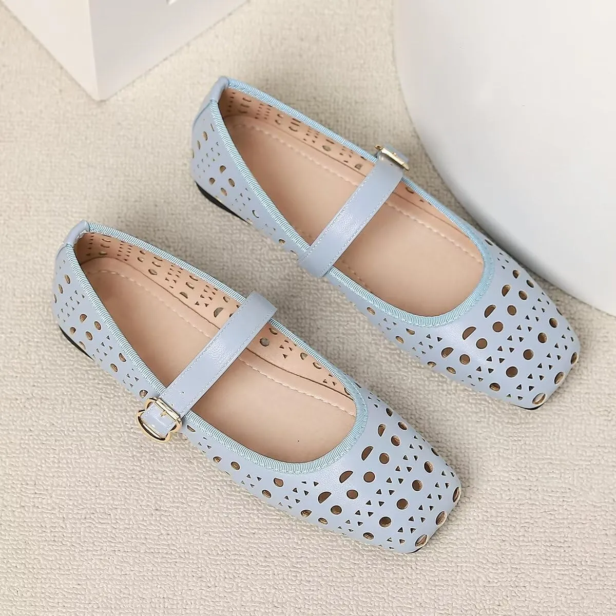 LUXINYU Women Summer Comfortable Low Heel Mary Jane Flats Fashion Breathable Dress Shoes Square Toe Buckle Strap Office Shoes Beach Shoes