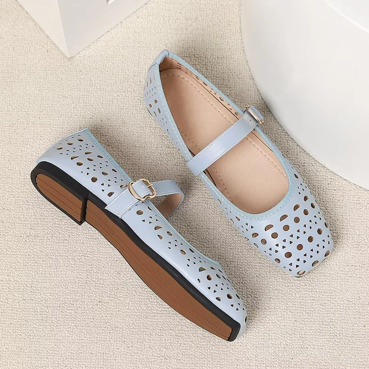 LUXINYU Women Summer Comfortable Low Heel Mary Jane Flats Fashion Breathable Dress Shoes Square Toe Buckle Strap Office Shoes Beach Shoes
