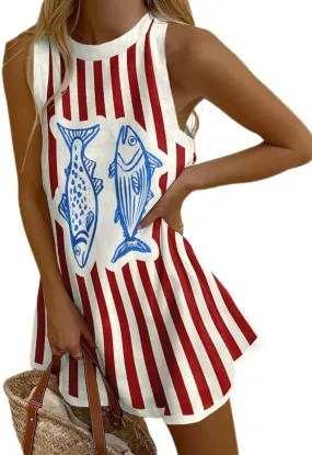 Melliflo Womens Graffiti Fish Printed Mini Dress Crew Neck Sleeveless Striped Short Tank Dress Summer Beach Boho Sundress