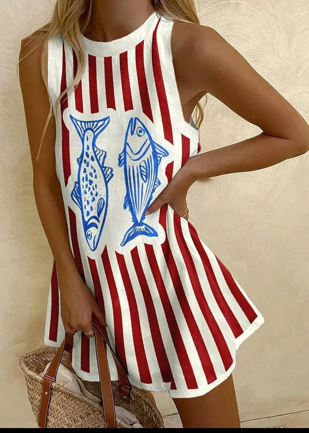Melliflo Womens Graffiti Fish Printed Mini Dress Crew Neck Sleeveless Striped Short Tank Dress Summer Beach Boho Sundress