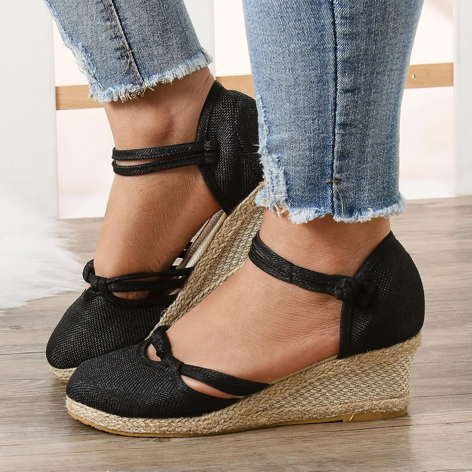 Ohxixhia Platform Sandals for Women Dressy, Espadrilles Button Ankle Strap Closed Toe Wedges Platform Sandal, Beach Sandals