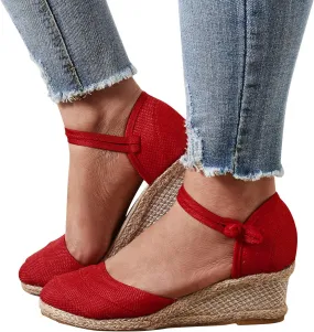 Ohxixhia Platform Sandals for Women Dressy, Espadrilles Button Ankle Strap Closed Toe Wedges Platform Sandal, Beach Sandals