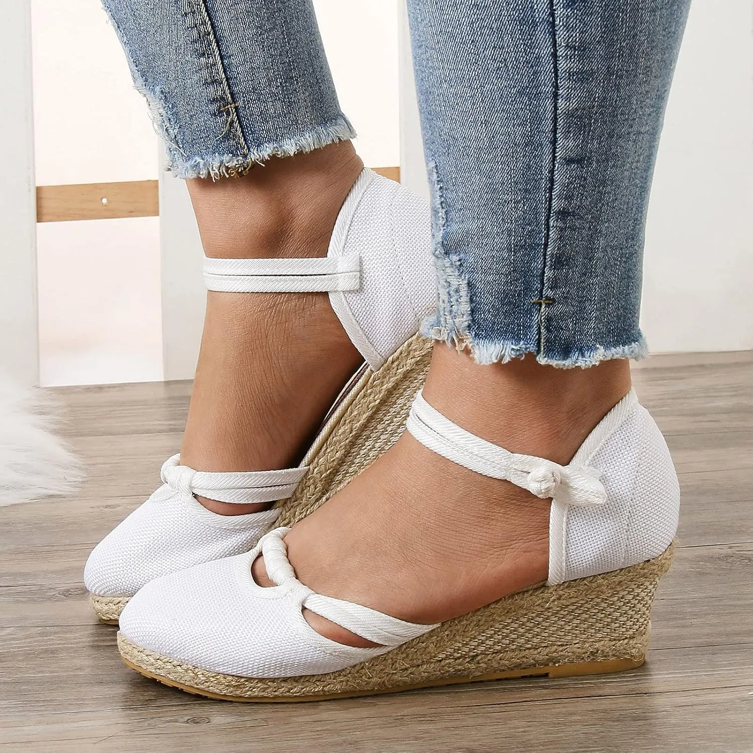 Ohxixhia Platform Sandals for Women Dressy, Espadrilles Button Ankle Strap Closed Toe Wedges Platform Sandal, Beach Sandals