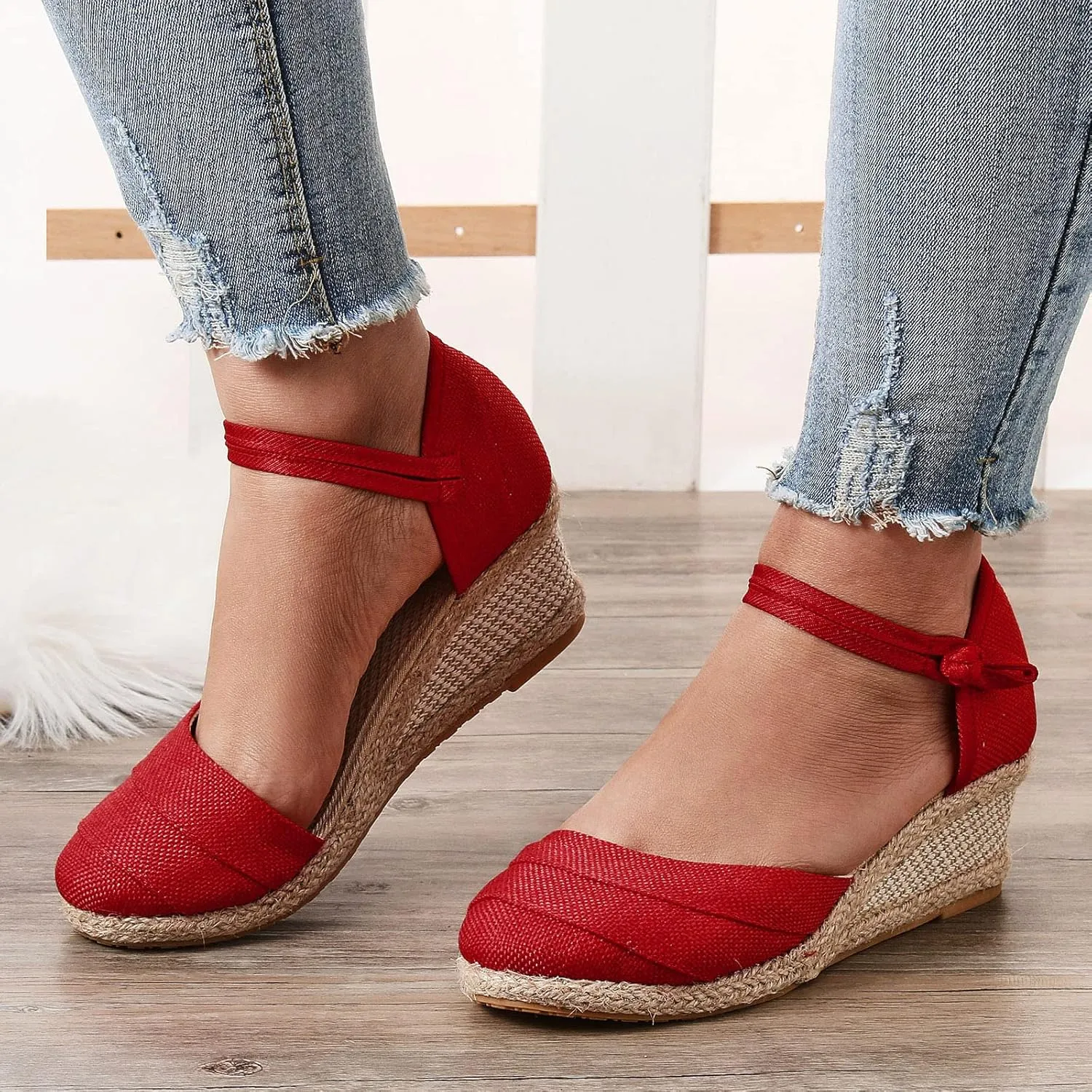 Ohxixhia Platform Sandals for Women Dressy, Espadrilles Button Ankle Strap Closed Toe Wedges Platform Sandal, Beach Sandals