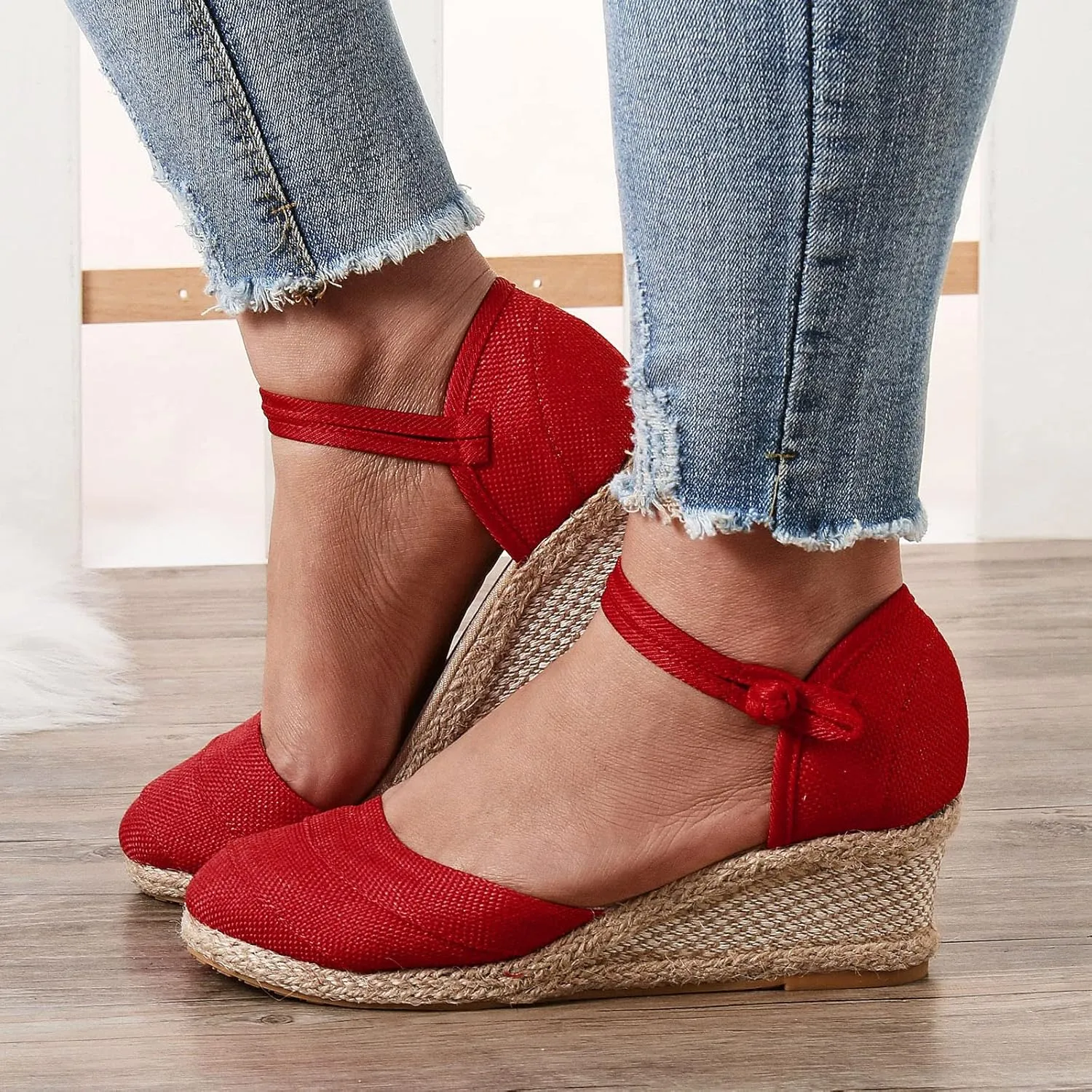 Ohxixhia Platform Sandals for Women Dressy, Espadrilles Button Ankle Strap Closed Toe Wedges Platform Sandal, Beach Sandals