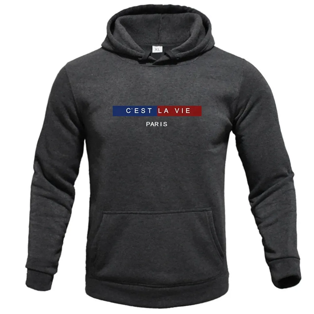 "C'EST LA VIE" PARIS Crew Neck Graphic Hoodie, Casual Hoodie, Men's Tops Fashion, Men's Spring and Autumn Clothing