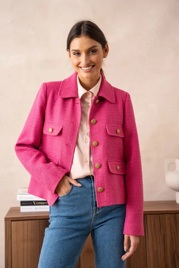 Straight Cut Plain Tweed Jacket Fuchsia