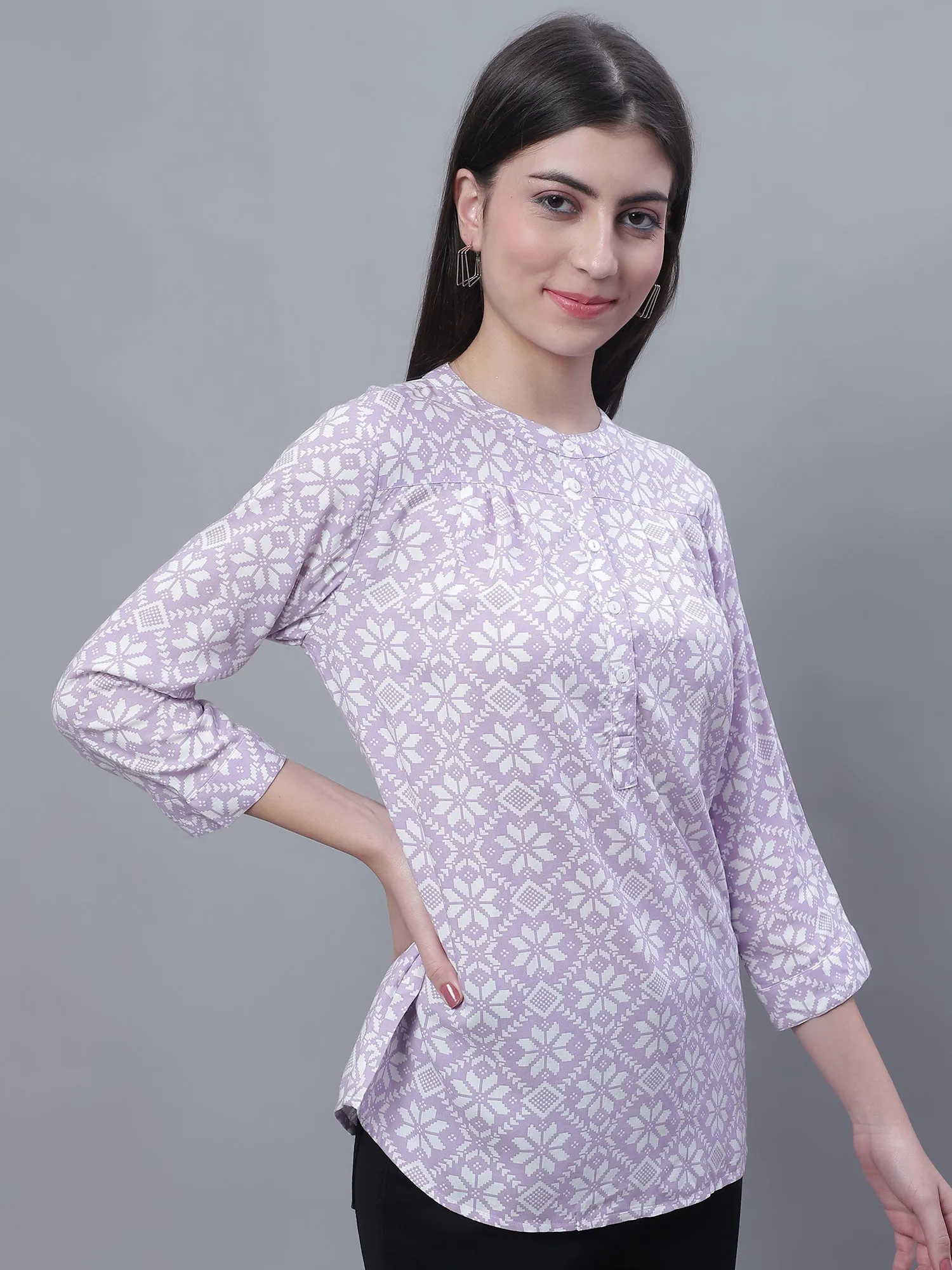 Women's Casual  Purple Floral Print Mandarin Collar Tunic