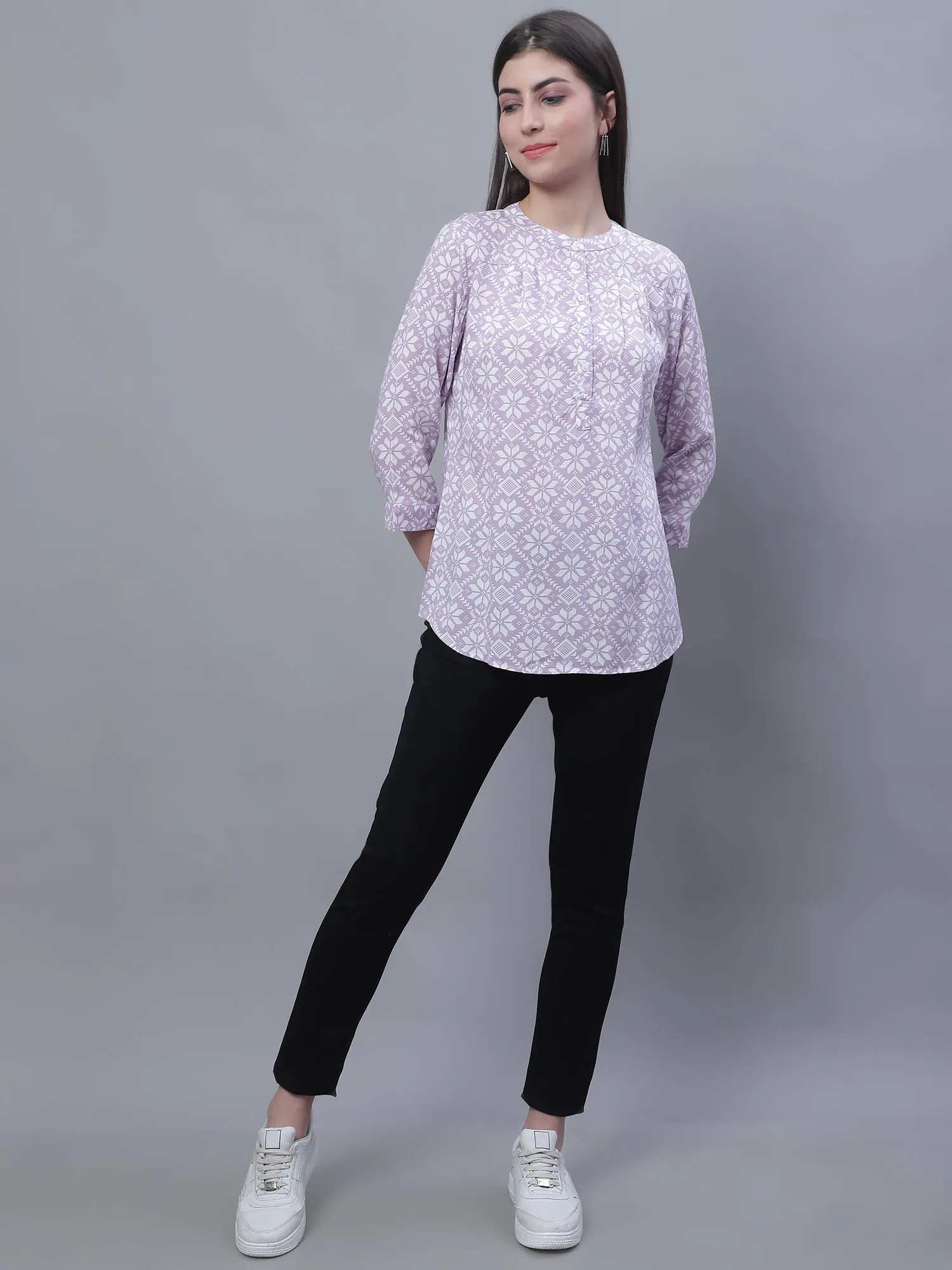Women's Casual  Purple Floral Print Mandarin Collar Tunic
