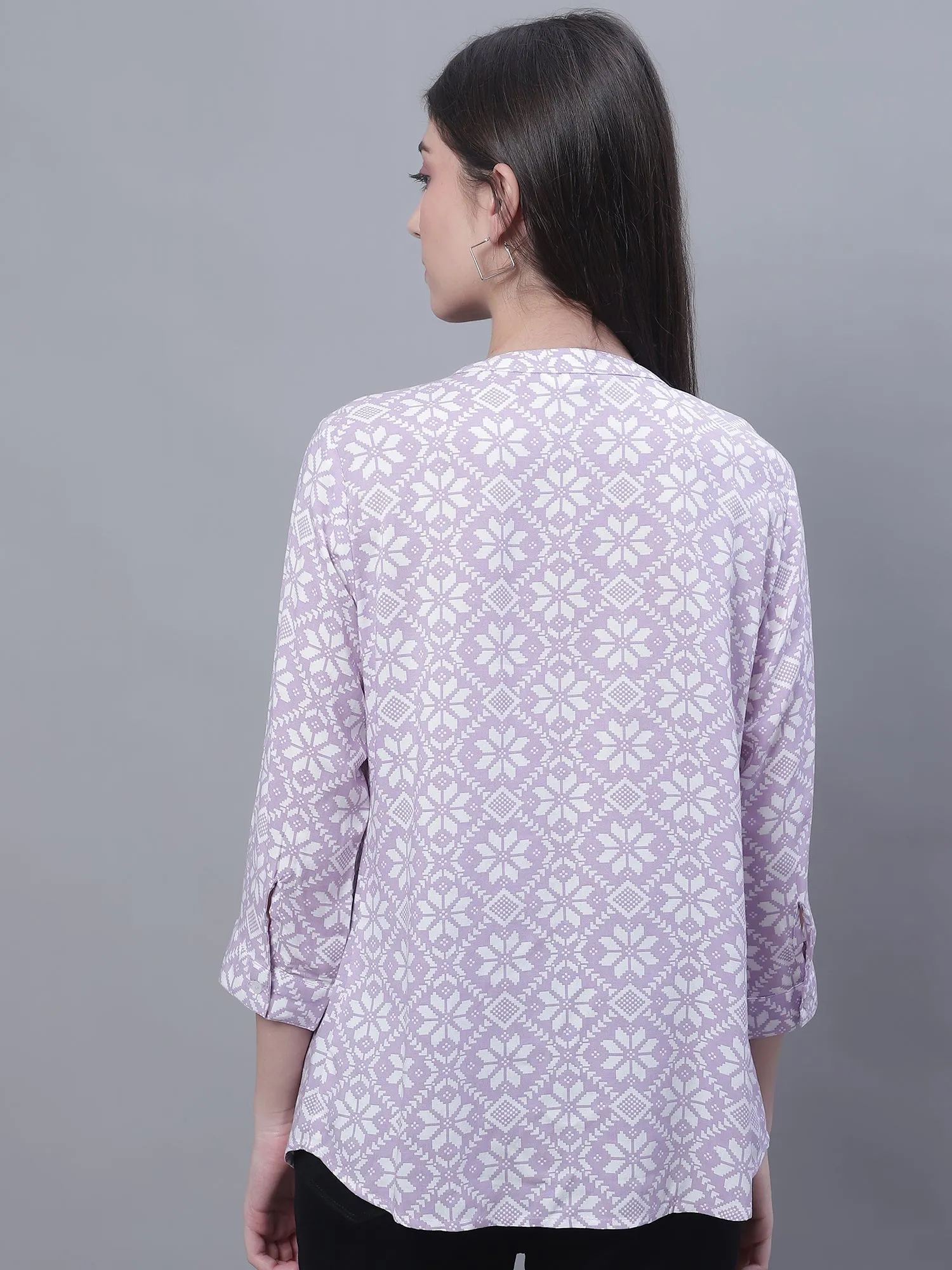 Women's Casual  Purple Floral Print Mandarin Collar Tunic