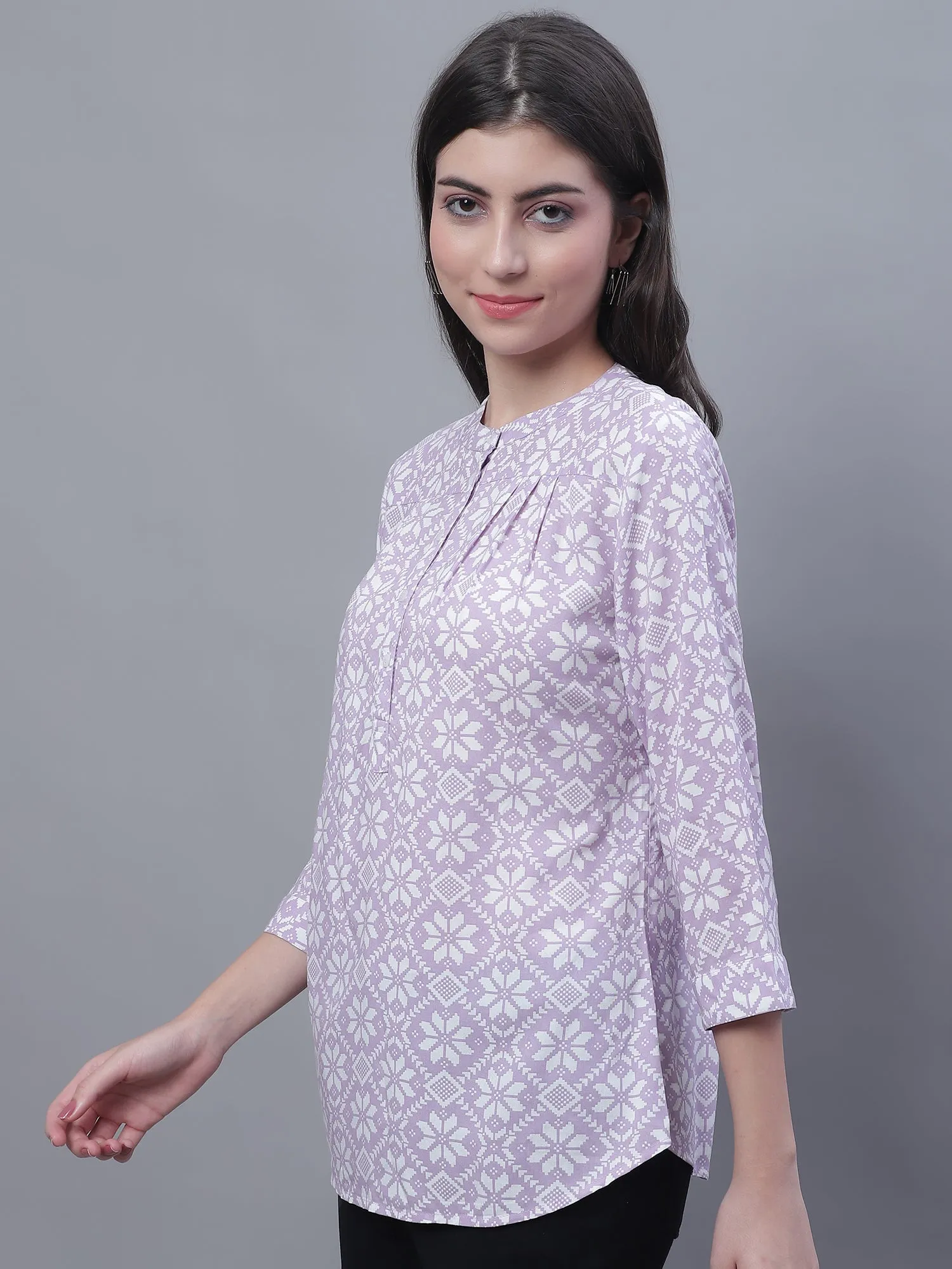 Women's Casual  Purple Floral Print Mandarin Collar Tunic