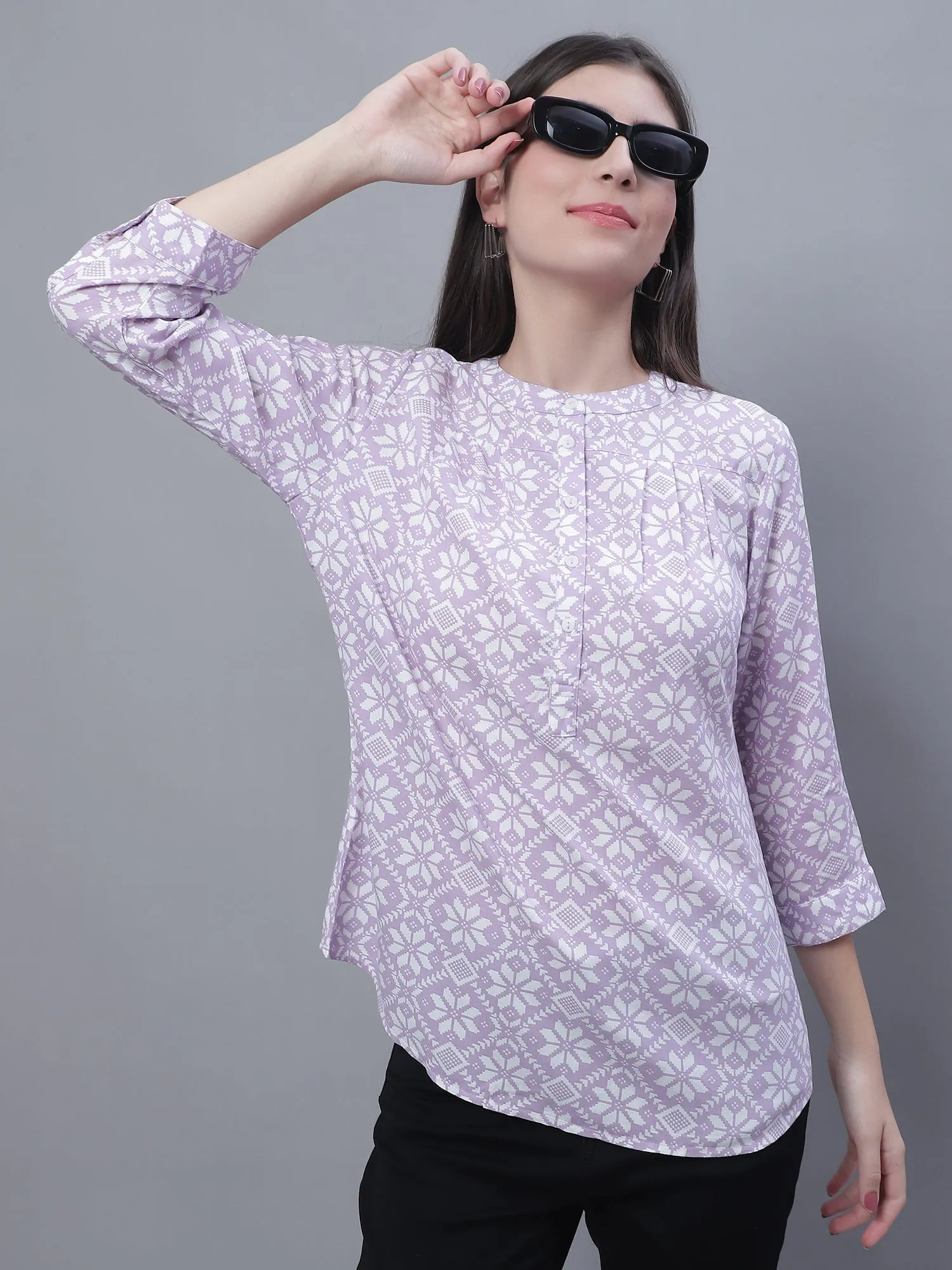 Women's Casual  Purple Floral Print Mandarin Collar Tunic