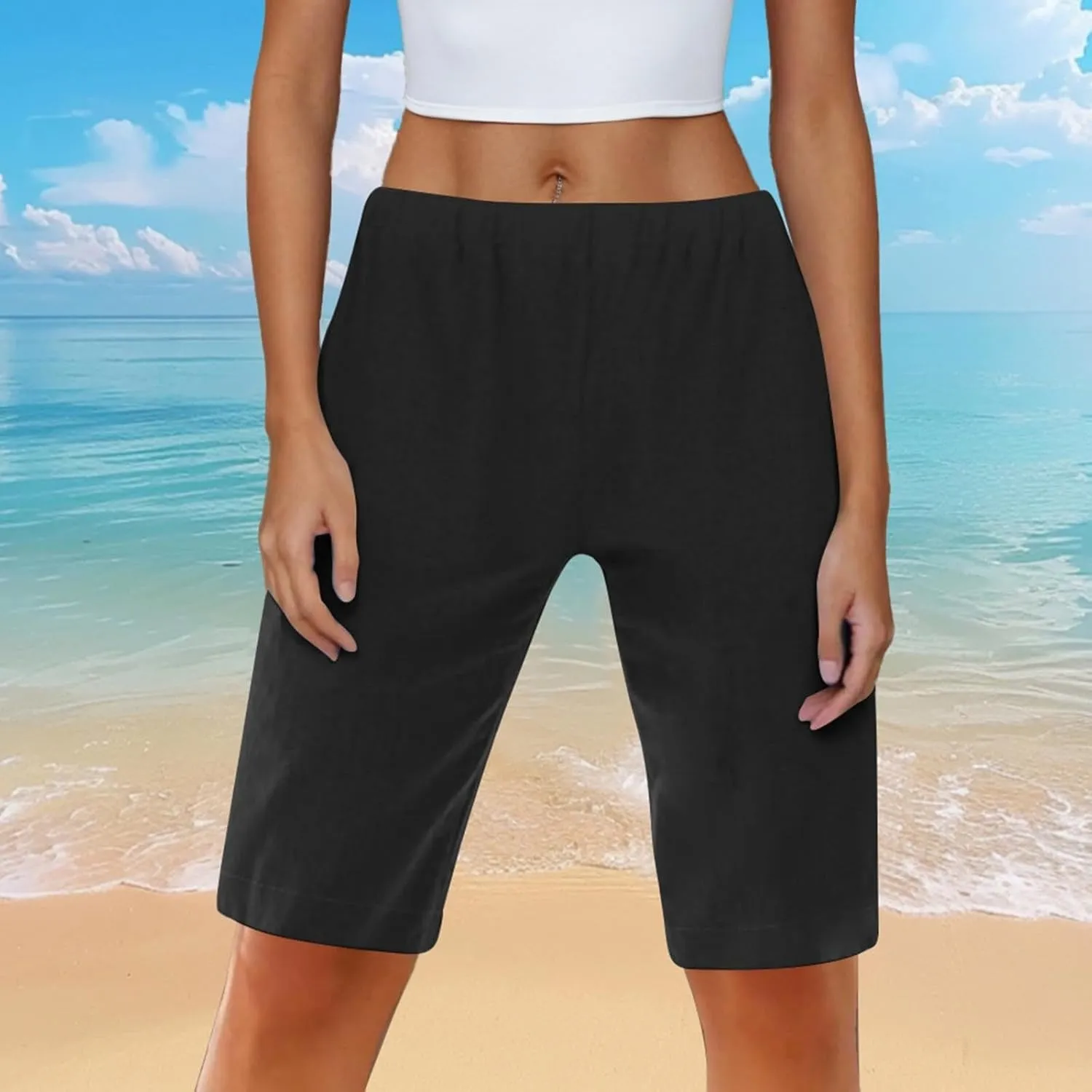 Women's Linen Bermuda Shorts Loose Fit Elastic Waist Drawstring Wide Leg Shorts Summer Casual Beach Outfits with Pocket