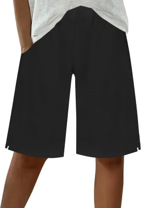 Women's Linen Bermuda Shorts Loose Fit Elastic Waist Drawstring Wide Leg Shorts Summer Casual Beach Outfits with Pocket