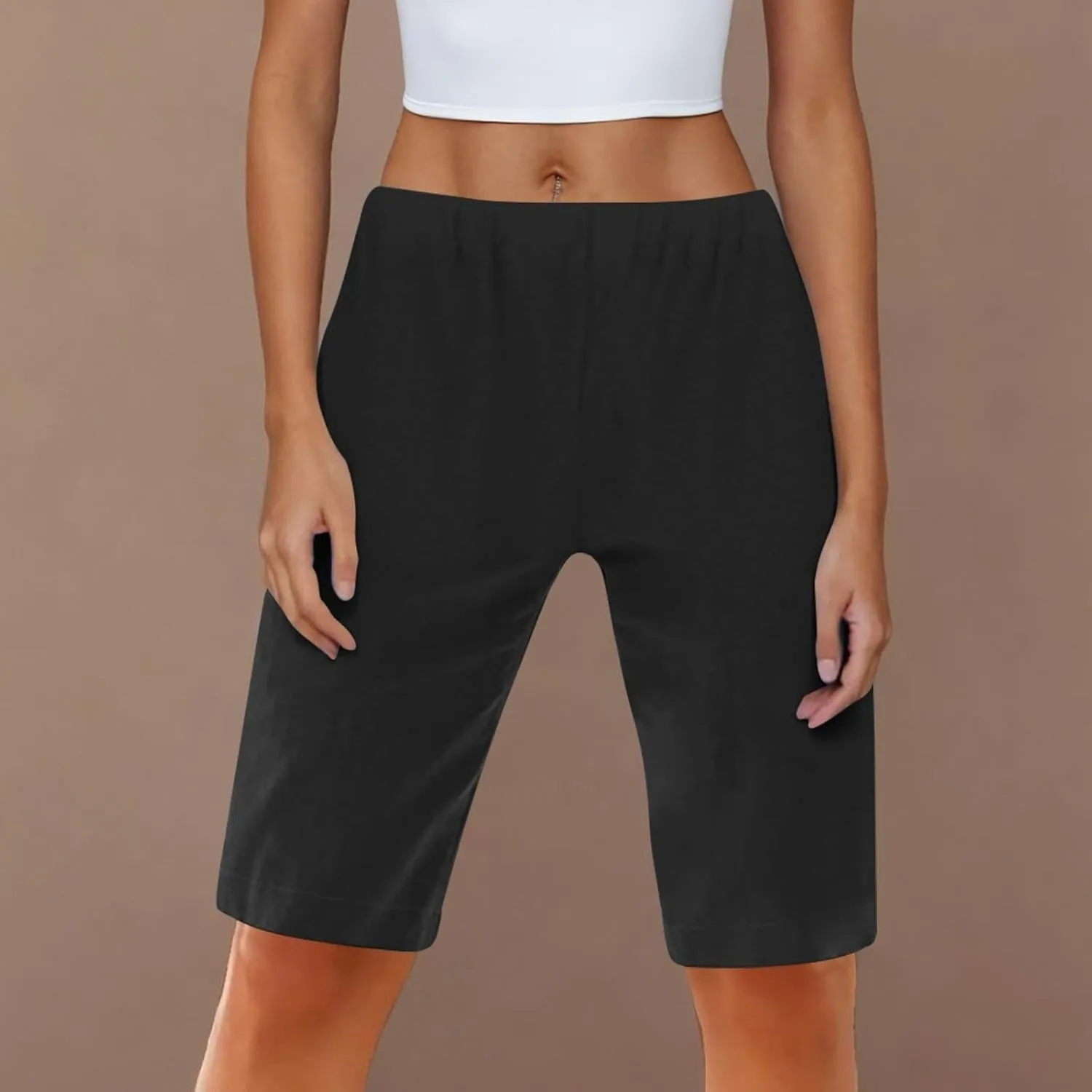 Women's Linen Bermuda Shorts Loose Fit Elastic Waist Drawstring Wide Leg Shorts Summer Casual Beach Outfits with Pocket