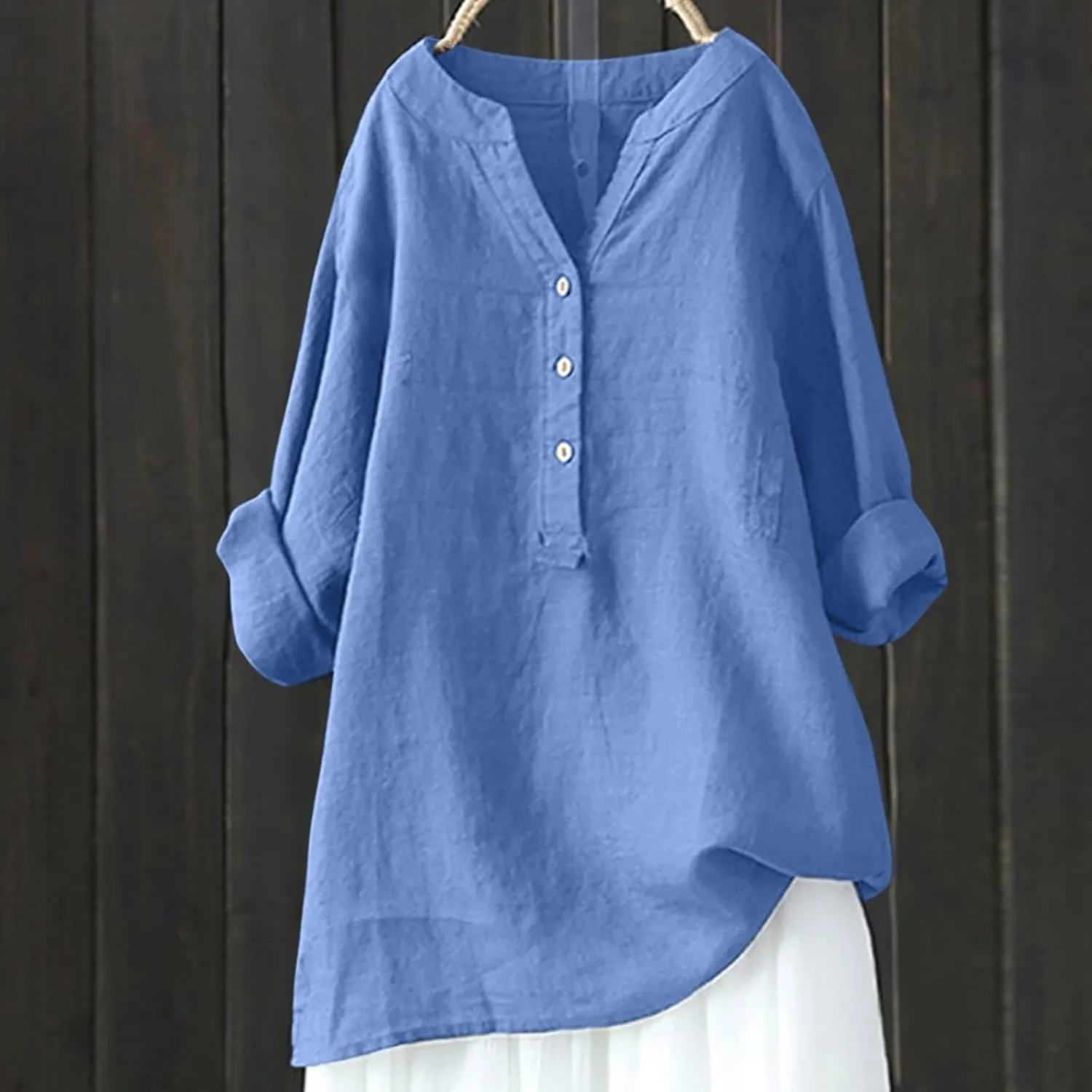 Womens Linen Shirts V-Neck Button Blouses Solid Color Henley Tee Top Short Sleeve Loose Fit T-Shirt