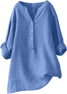 Womens Linen Shirts V-Neck Button Blouses Solid Color Henley Tee Top Short Sleeve Loose Fit T-Shirt