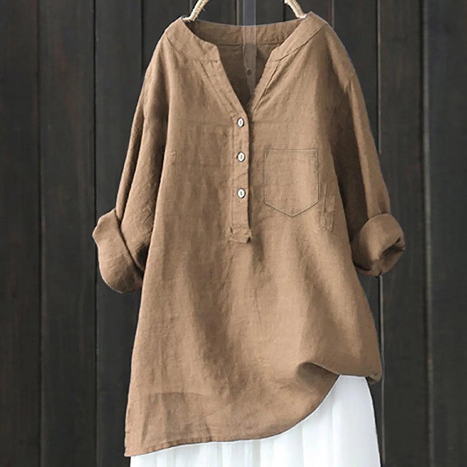 Womens Linen Shirts V-Neck Button Blouses Solid Color Henley Tee Top Short Sleeve Loose Fit T-Shirt