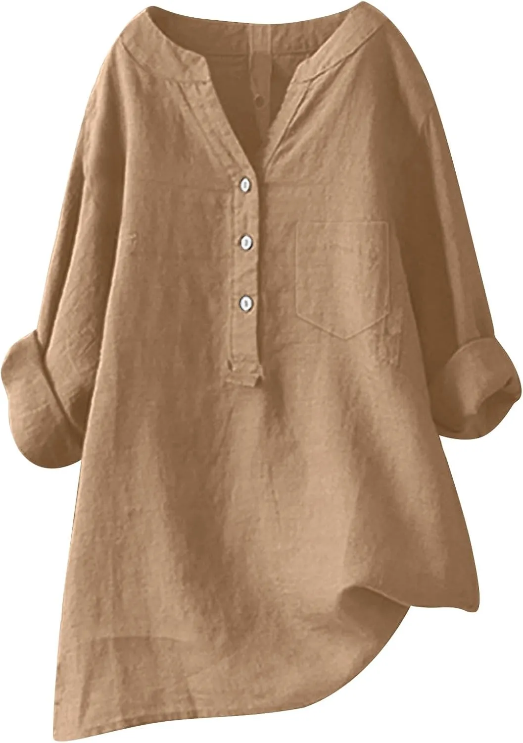 Womens Linen Shirts V-Neck Button Blouses Solid Color Henley Tee Top Short Sleeve Loose Fit T-Shirt