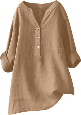Womens Linen Shirts V-Neck Button Blouses Solid Color Henley Tee Top Short Sleeve Loose Fit T-Shirt